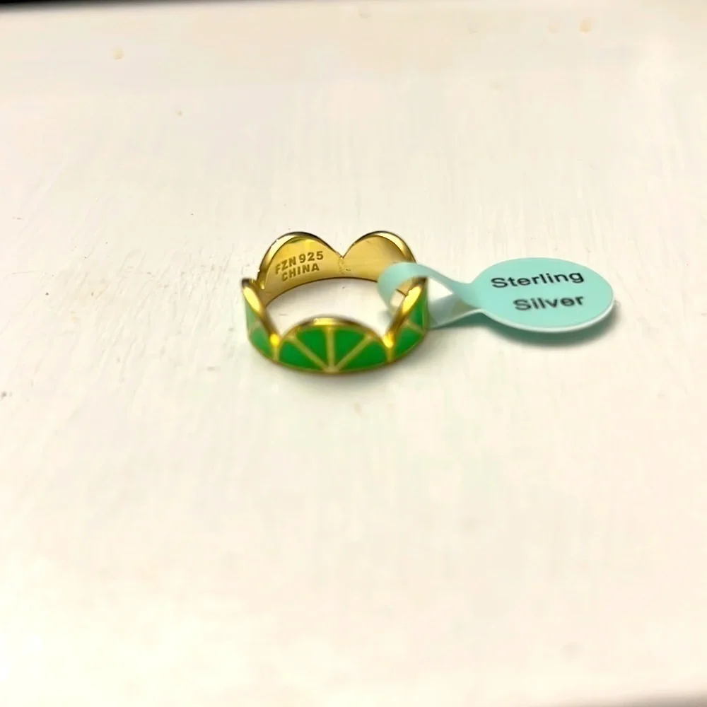 14k Gold Plated Sterling Silver Enamel Citrus Fruit Lime Ring Size 7 NWT